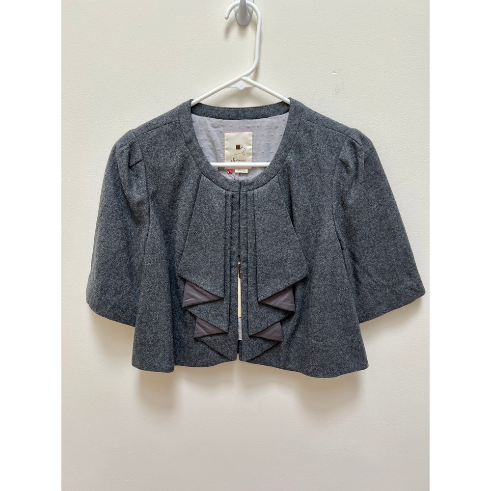 Elevenses Cropped Jacket Women 6 Gray‎ Wool Blend Ruffle Front Short Sleeve New